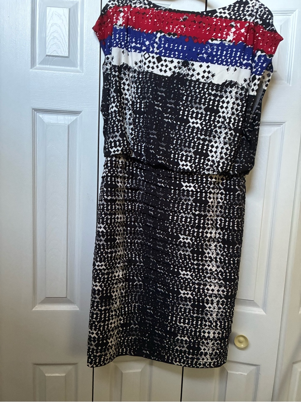 Adrianna Papell Black White Midi Dress w/Red & Blue Accents, Size 16